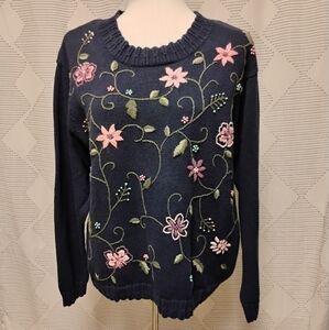 Vintage Northern Reflections Floral Embroidered Navy Sweater Women's Size Medium